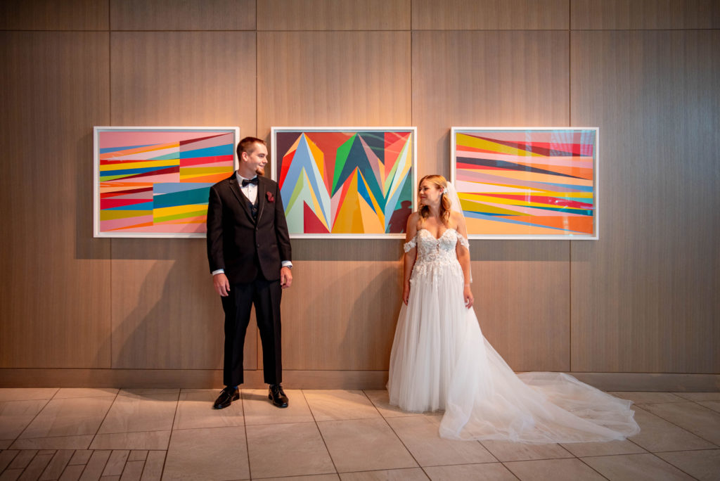 bride and groom share a first look at the Denver Art hotel