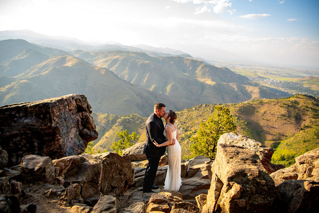romantic bride and groom kiss in Colorado