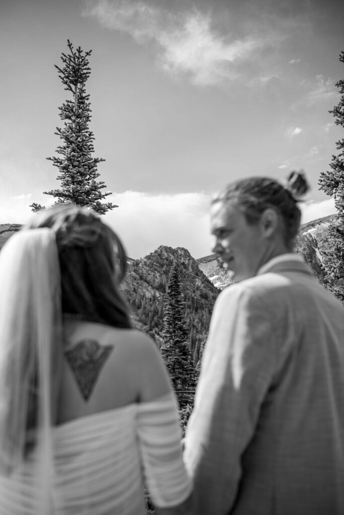 bride and groom elopement portrait in a rustic lodge in colorado