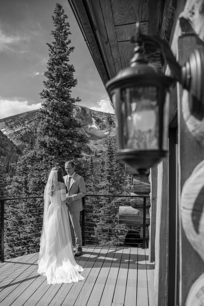 bride and groom elopement portrait in a rustic lodge in colorado