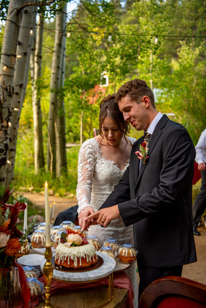 A man in a suit and a woman in a wedding dress are standing outdoors, cutting a cake on a table surrounded by trees. The cake is decorated for a Colorado wedding celebration.